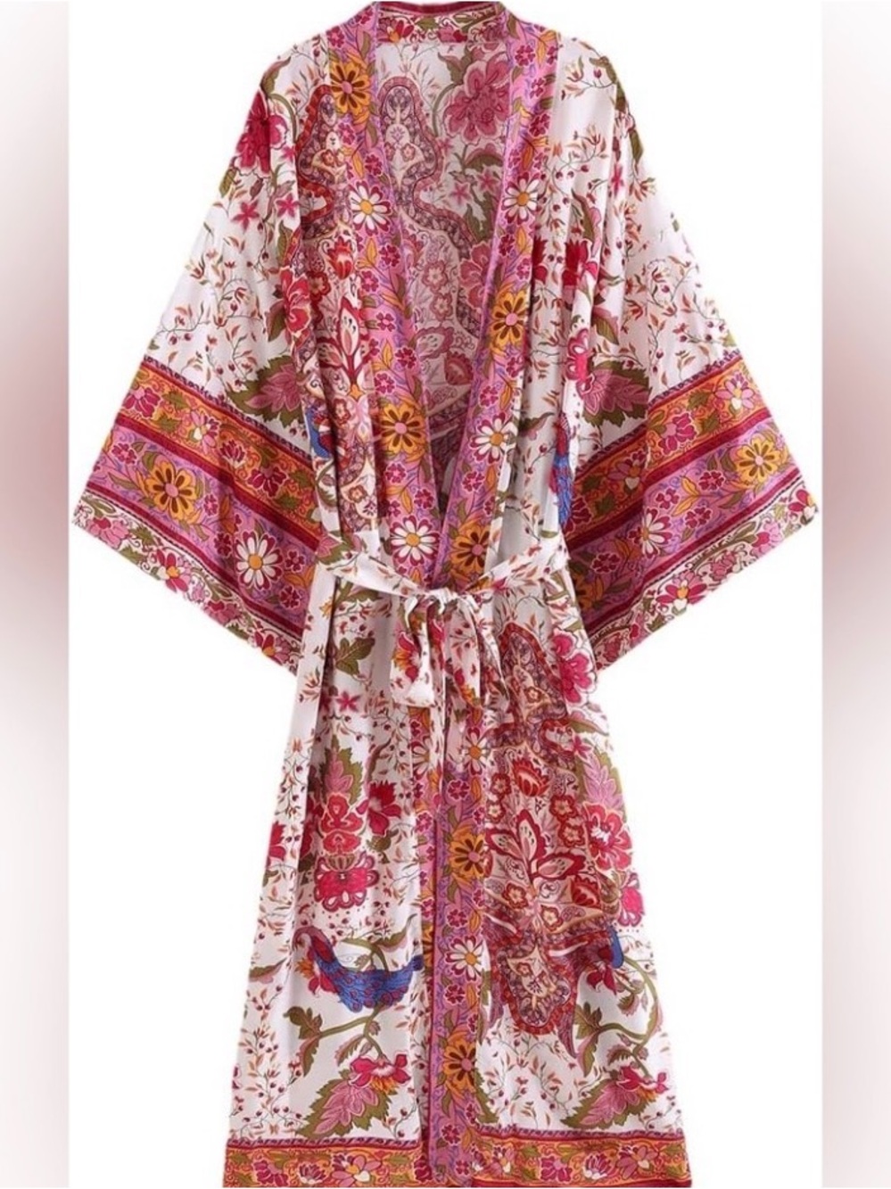 Floral Paisley Kimono Robe — Pink & White - S